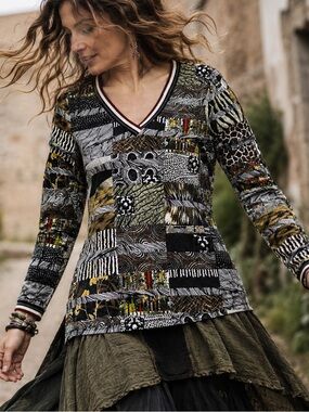 Dolcezza Art Print Patchwork Top Small Abstract Mixed Pattern Long Sleeve